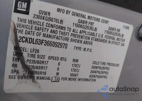 2006 Pontiac Torrent from USA, damaged, VIN 2CKDL63F366092970